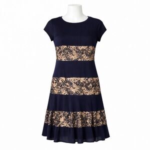 R&M Richards Navy Lace Sequin Cocktail Dress Sheer Yoke Stretch Midi Size 12